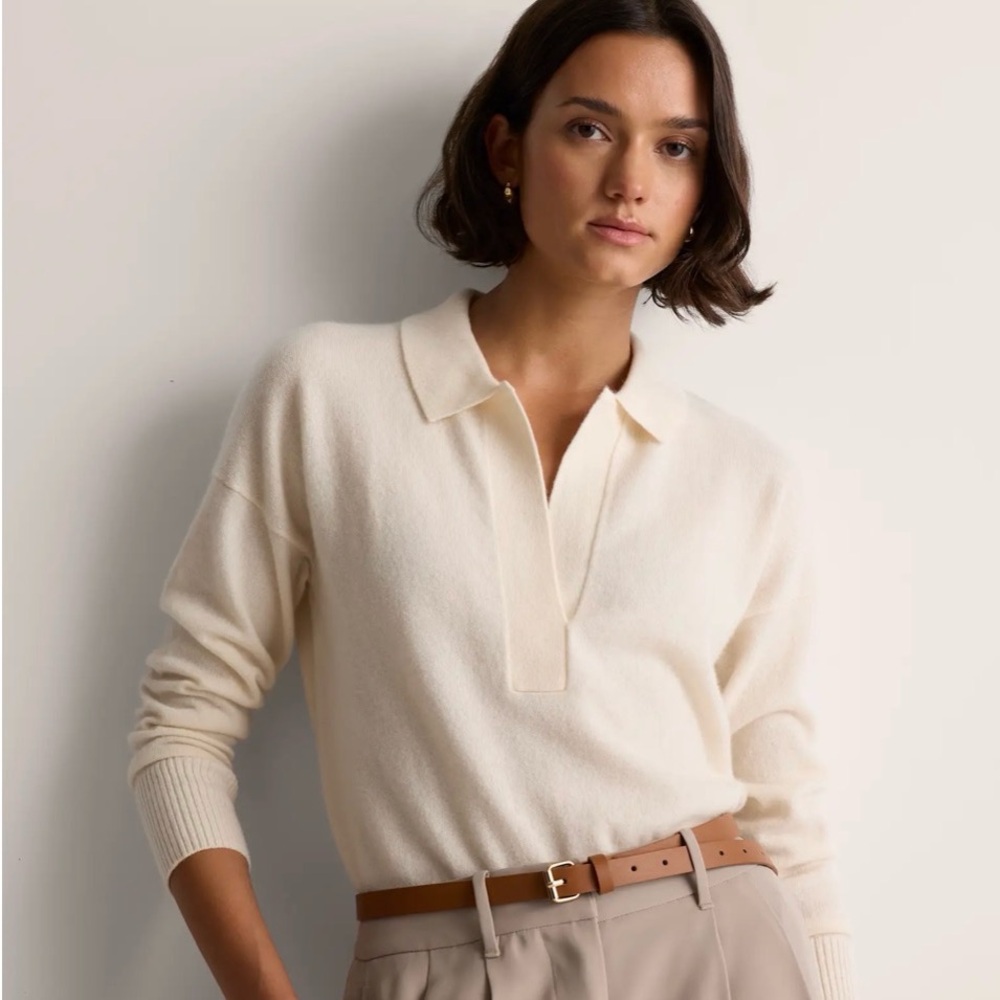 NEW NWT Quince Women's Mongolian Cashmere V-Neck Collared Ivory Cream Sweater - Picture 7 of 10